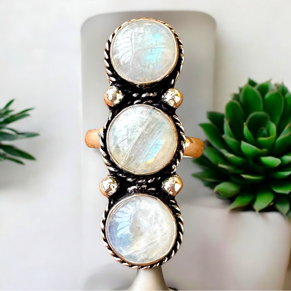 Elegant 925 Sterling Silver and Triple Natural Rainbow Moonstone Ring - Picture 8 of 13